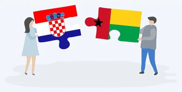Ζευγάρι Που Κρατά Δύο Κομμάτια Παζλ Σημαίες Κροατίας Και Μπισσάου — Διανυσματικό Αρχείο