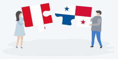 Perulu ve Panama bayrakları ile iki bulmaca parçaları tutan çift. Peru ve Panama ulusal sembolleri birlikte.