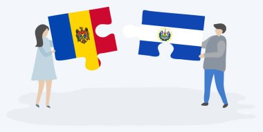 Moldova ve Salvador bayrakları ile iki bulmaca parçaları tutan çift. Moldova ve El Salvador ulusal sembolleri birlikte.