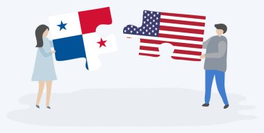 Panama ve Amerikan bayrakları ile iki bulmaca parçaları tutan çift. Panama ve Amerika Birleşik Devletleri ulusal sembolleri birlikte.