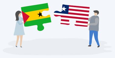 Sao Tomean ve Liberya bayrakları ile iki bulmaca parçaları tutan çift. Sao Tome ve Principe ve Liberya ulusal sembolleri birlikte.