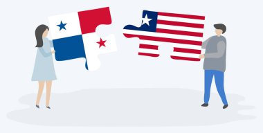 Panama ve Liberya bayrakları ile iki bulmaca parçaları tutan çift. Panama ve Liberya ulusal sembolleri birlikte.