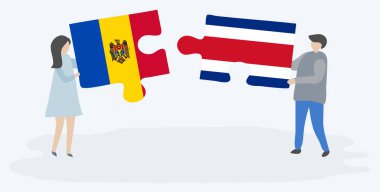 Moldova ve Kosta Rika bayrakları ile iki bulmaca parçaları tutan çift. Moldova ve Kosta Rika ulusal sembolleri birlikte.
