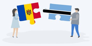 Moldova ve Motsvana bayrakları ile iki bulmaca parçaları tutan çift. Moldova ve Botsvana ulusal sembolleri birlikte.