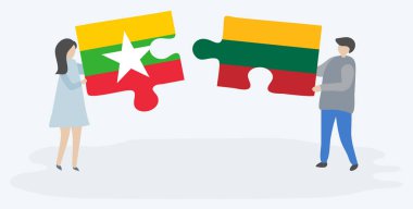 Çift Birmanya ve Litvanya bayrakları ile iki bulmaca parçaları tutan. Myanmar ve Litvanya ulusal sembolleri birlikte.