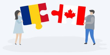 Romen ve Kanada bayrakları ile iki bulmaca parçaları tutan çift. Romanya ve Kanada ulusal sembolleri birlikte.