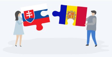Slovak ve Andorran bayrakları ile iki bulmaca parçaları tutan çift. Slovakya ve Andorra ulusal sembolleri birlikte.