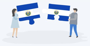 Salvador ve Salvador bayrakları ile iki bulmaca parçaları tutan çift. El Salvador ve El Salvador ulusal sembolleri birlikte.