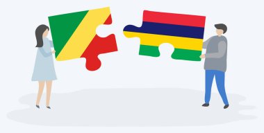 Kongo ve Moritanya bayrakları ile iki bulmaca parçaları tutan çift. Kongo Cumhuriyeti ve Mauritius ulusal sembolleri birlikte.