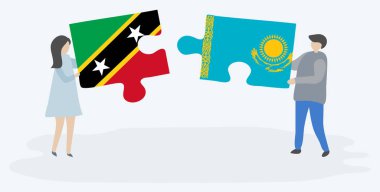 Kittiti ve Kazak bayrakları ile iki bulmaca parçaları tutan çift. Saint Kitts, Nevis ve Kazakistan ulusal sembolleri birlikte.