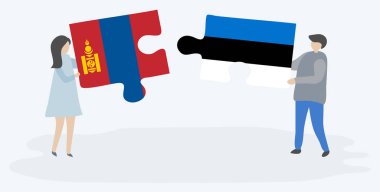 Moğol ve Estonya bayrakları ile iki bulmaca parçaları tutan çift. Moğolistan ve Estonya ulusal sembolleri birlikte.