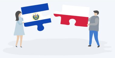 Çift Salvador ve Polonya bayrakları ile iki bulmaca parçaları tutan. El Salvador ve Polonya ulusal sembolleri birlikte.