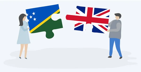 Пара Держащая Две Головоломки Соломоновым Островом Британскими Флагами Соломоновы Острова — стоковый вектор