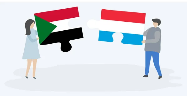 Paar Houden Twee Puzzels Stukken Met Soedanese Luxemburgse Vlaggen Soedan — Stockvector