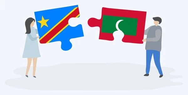 Pareja Sosteniendo Dos Piezas Rompecabezas Con Banderas Congoleñas Maldivas República — Archivo Imágenes Vectoriales