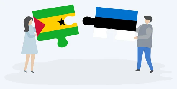 Para Trzyma Dwa Kawałki Puzzli Sao Tomean Flag Estońskich Sao — Wektor stockowy