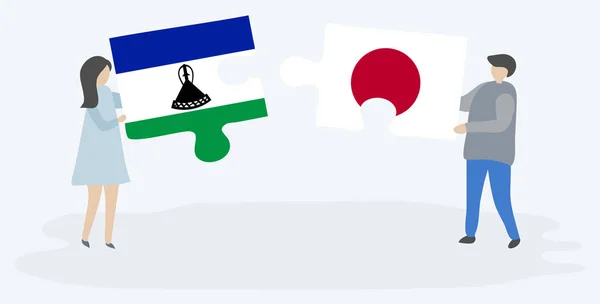 Paar Houden Twee Puzzels Stukken Met Basotho Japanse Vlaggen Lesotho — Stockvector