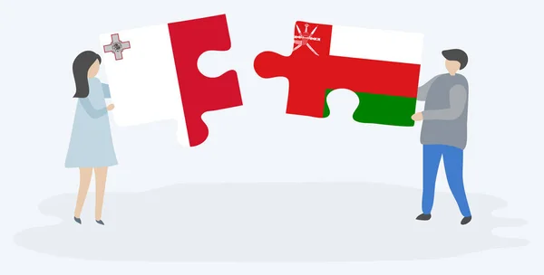 Dvojice Která Dvě Skládanky Mají Maltské Omanské Vlajky Maltské Ománské — Stockový vektor