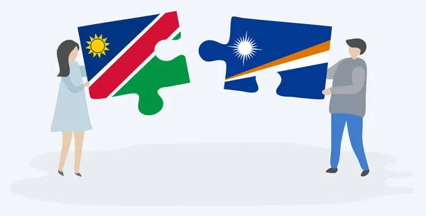 Pareja Sosteniendo Dos Piezas Rompecabezas Con Banderas Namibia Marshallese Namibia — Vector de stock