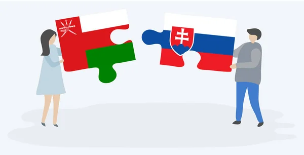 一对夫妇拿着两块拼图 上面挂着阿曼和斯洛伐克国旗 阿曼和斯洛伐克国家符号在一起 — 图库矢量图片