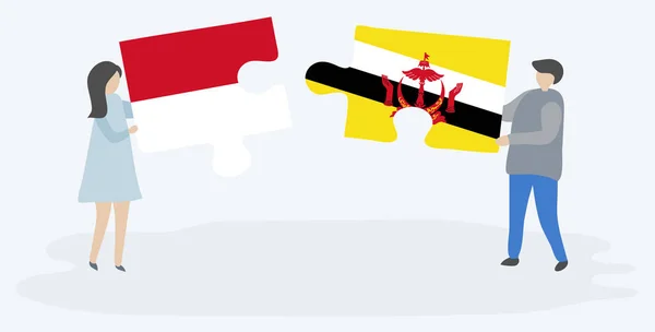 Pareja Sosteniendo Dos Piezas Rompecabezas Con Banderas Monegascas Bruneanas Mónaco — Vector de stock