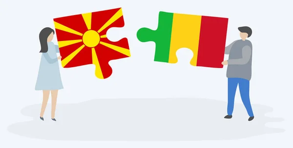 Couple Tenant Deux Pièces Puzzles Avec Des Drapeaux Macédoniens Maliens — Image vectorielle