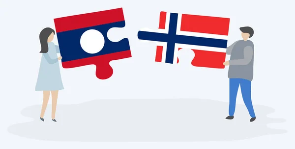 Par Som Innehar Två Pusselbitar Med Lao Och Norska Flaggor — Stock vektor