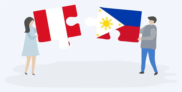 一对夫妇拿着两块带有秘鲁和菲律宾国旗的拼图 秘鲁和菲律宾国家符号在一起 — 图库矢量图片