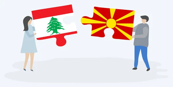 Para Trzyma Dwa Kawałki Puzzli Libańskich Macedońskich Flag Symbole Narodowe — Wektor stockowy