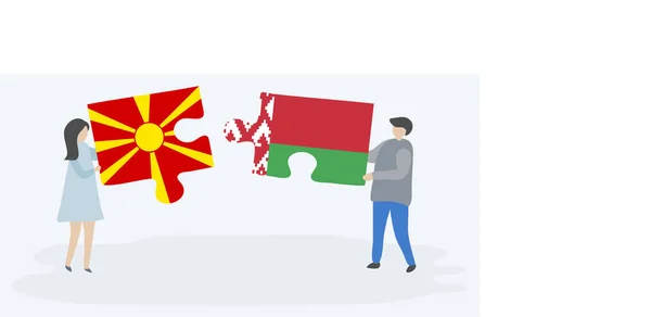 Makedon Beyaz Rusya Bayrakları Ile Iki Bulmaca Parçaları Tutan Çift — Stok Vektör