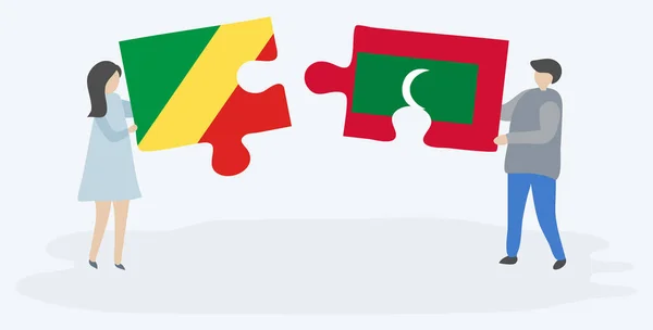 Пара Держащая Две Головоломки Конголезскими Мальдивскими Флагами Государственные Символы Республики — стоковый вектор