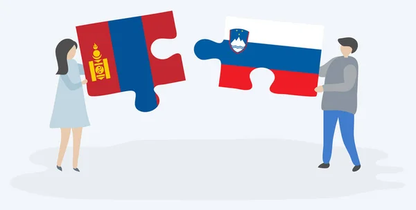 Ζευγάρι Που Κρατά Δύο Κομμάτια Παζλ Μογγολικές Και Σλοβενικές Σημαίες — Διανυσματικό Αρχείο