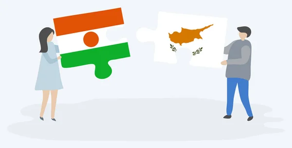Dvojice Drží Dvě Skládanky Vlajkami Nigerien Kyperských Nigerský Kyperský Národní — Stockový vektor