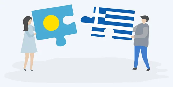 Palauan Yunan Bayrakları Ile Iki Bulmaca Parçaları Tutan Çift Palau — Stok Vektör