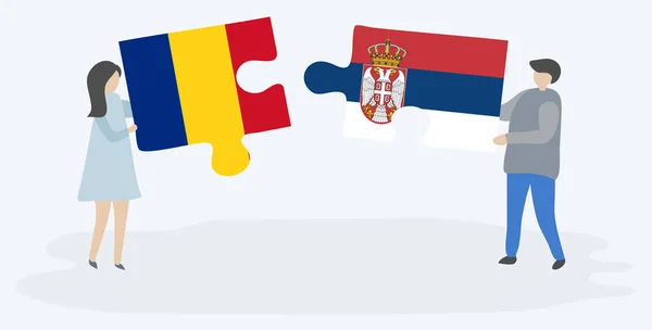 Couple Holding Two Puzzles Pieces Romanian Serbian Flags Romania Serbia — Stock Vector