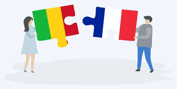 Ζευγάρι Που Κρατά Δύο Κομμάτια Παζλ Μαλί Και Γαλλικές Σημαίες — Διανυσματικό Αρχείο