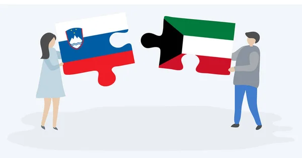スロベニアとクウェートの旗を持つ2つのパズルピースを保持しているカップル スロベニアとクウェートの国のシンボル — ストックベクタ