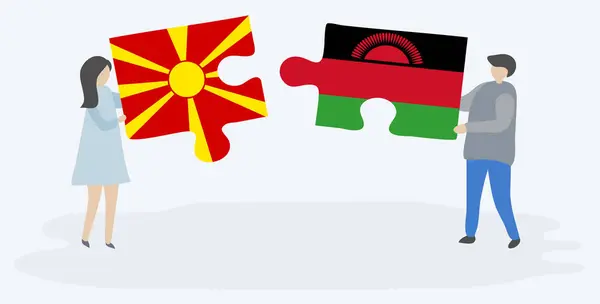 Couple Tenant Deux Pièces Puzzles Avec Des Drapeaux Macédoniens Malawiens — Image vectorielle