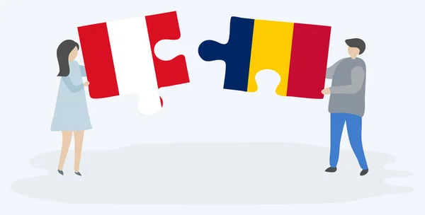 Ζευγάρι Που Κρατά Δύο Κομμάτια Παζλ Περουβιανές Και Τσαντ Σημαίες — Διανυσματικό Αρχείο