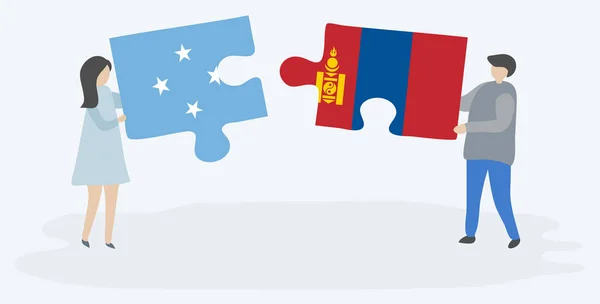 Dvojice Která Drží Dvě Skládanky Vlajkami Micronesovských Mongolských Národní Symboly — Stockový vektor