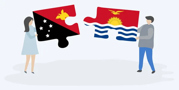 Couple Tenant Deux Pièces Puzzles Avec Des Drapeaux Papuan Kiribati — Image vectorielle