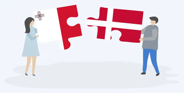一对夫妇拿着两块带有马耳他和丹麦国旗的拼图 马耳他和丹麦国家符号在一起 — 图库矢量图片