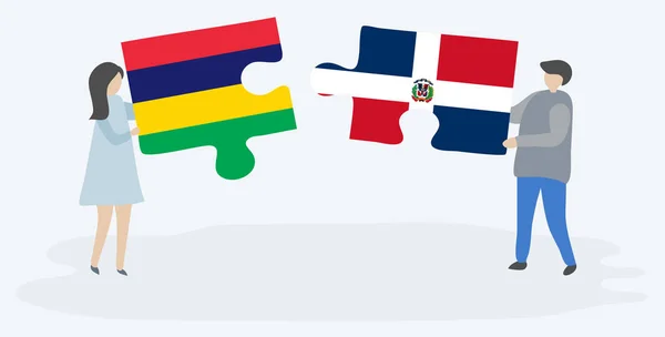 Paar Mit Zwei Puzzleteilen Mit Mauritischen Und Dominikanischen Flaggen Mauritius — Stockvektor