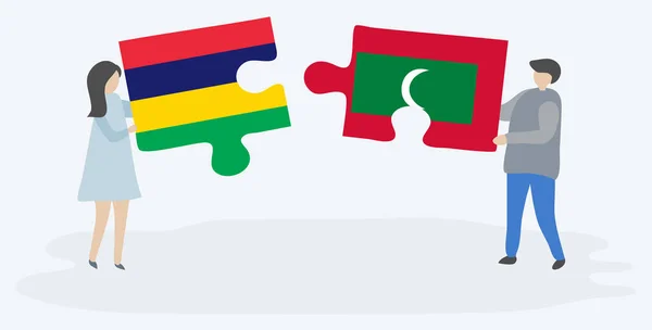 Ζευγάρι Που Κρατά Δύο Κομμάτια Παζλ Σημαίες Μαυρικίου Και Ρουφίγια — Διανυσματικό Αρχείο