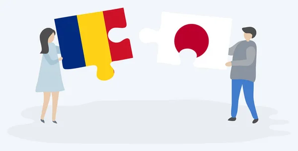 Pareja Sosteniendo Dos Piezas Rompecabezas Con Banderas Rumanas Japonesas Rumanía — Vector de stock
