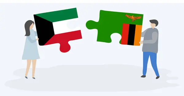 Casal Segurando Duas Peças Quebra Cabeças Com Bandeiras Kuwait Zâmbia — Vetor de Stock