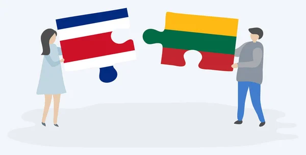 Couple Tenant Deux Pièces Puzzles Avec Des Drapeaux Costaricains Lituaniens — Image vectorielle