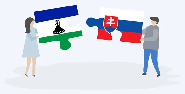 Paar Houden Twee Puzzels Stukken Met Basotho Slowaakse Vlaggen Lesotho — Stockvector