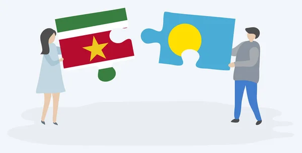 Pareja Sosteniendo Dos Piezas Rompecabezas Con Banderas Suriname Palaos Surinam — Vector de stock