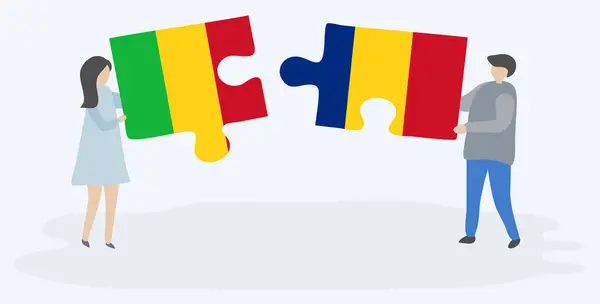 Couple Tenant Deux Pièces Puzzles Avec Des Drapeaux Maliens Roumains — Image vectorielle